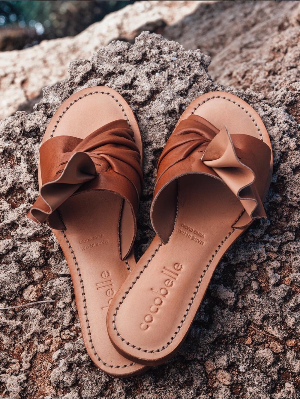 Cocobelle • Brera Sandal flat slide mule slip on Cognac brown leather ruffle